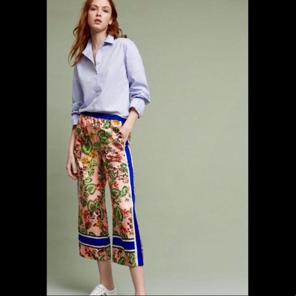 Anthropologie Floral Silk Elastic Waist Pant XS